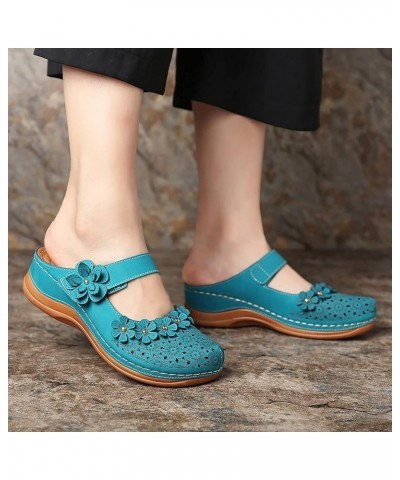 Women Solid Hollow Out Leather Wedge Sandals Comfortable Round Toe Slip on Wedges Slippers for Women Ladies Girls Sky Blue $1...