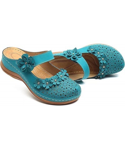 Women Solid Hollow Out Leather Wedge Sandals Comfortable Round Toe Slip on Wedges Slippers for Women Ladies Girls Sky Blue $1...