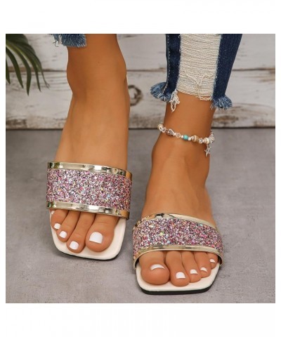 Women's Flat Sandals Sparkly Summer Beach Footbed Sandal Stretch Chunky Block Heels Pink $9.45 Outdoor Shoes