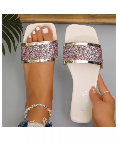 Women's Flat Sandals Sparkly Summer Beach Footbed Sandal Stretch Chunky Block Heels Pink $9.45 Outdoor Shoes