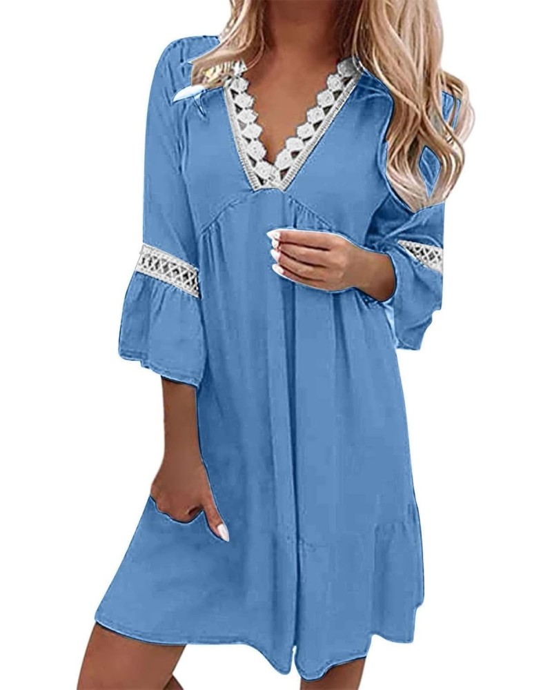 Women's 2024 Boho Mini Dress, Summer Beach Dresses Casual Floral 3/4 Bell Sleeves V Neck Lace Patchwork Flowy Sun Dresses $12...