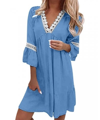 Women's 2024 Boho Mini Dress, Summer Beach Dresses Casual Floral 3/4 Bell Sleeves V Neck Lace Patchwork Flowy Sun Dresses $12...