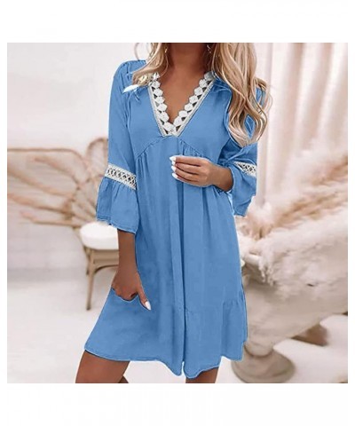 Women's 2024 Boho Mini Dress, Summer Beach Dresses Casual Floral 3/4 Bell Sleeves V Neck Lace Patchwork Flowy Sun Dresses $12...