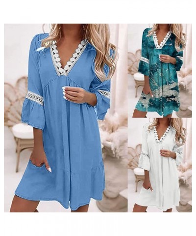 Women's 2024 Boho Mini Dress, Summer Beach Dresses Casual Floral 3/4 Bell Sleeves V Neck Lace Patchwork Flowy Sun Dresses $12...