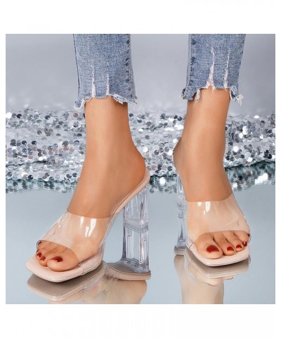 Sandals Women Clear Chunky Block Heels Square Toe Open Toe Transparent Strap Slip on Mules Slipper Dress Shoes Beige $12.81 S...