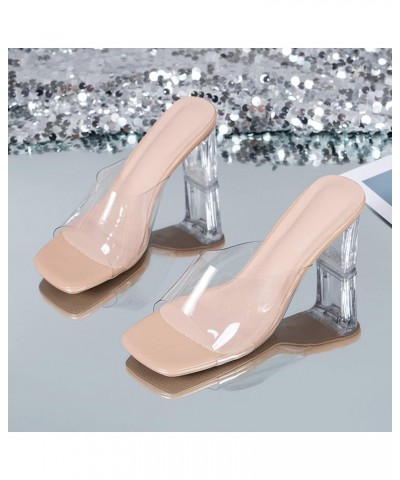 Sandals Women Clear Chunky Block Heels Square Toe Open Toe Transparent Strap Slip on Mules Slipper Dress Shoes Beige $12.81 S...