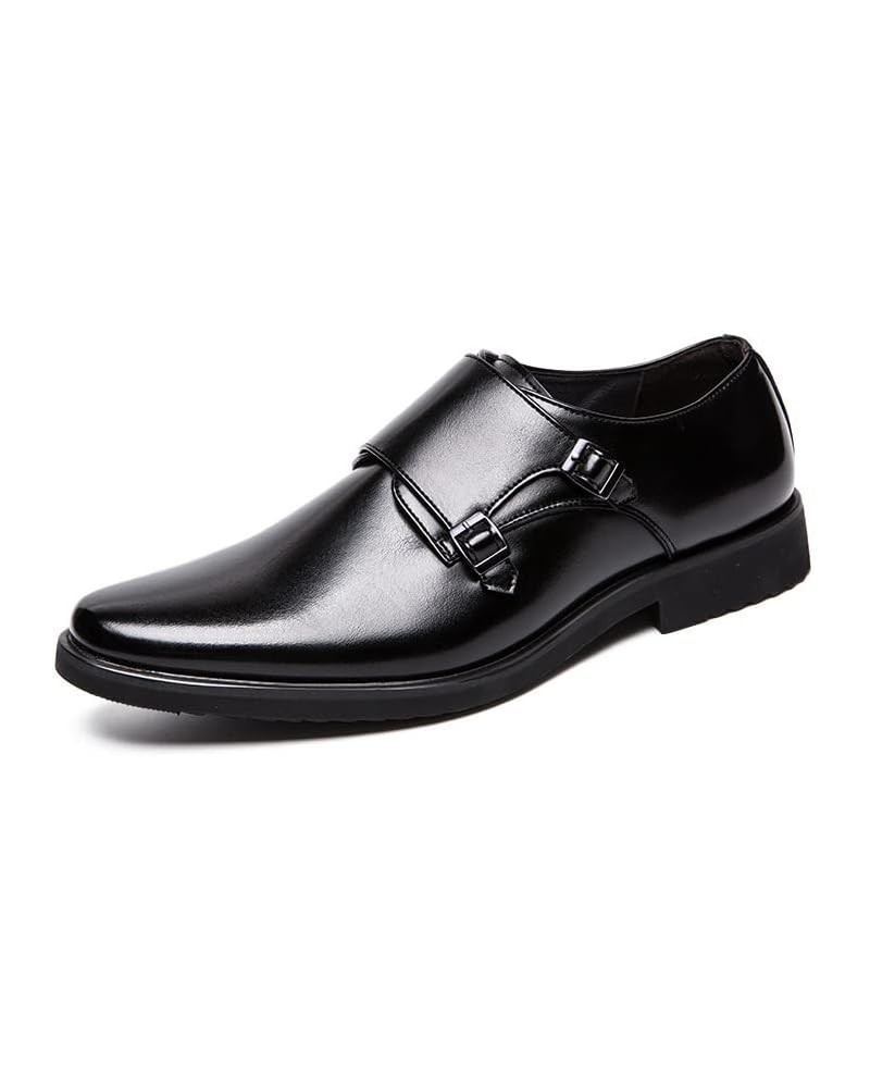 Double Monk Strapss Loafer For Men Round Toe Burnish Microfiber Leather Block Heel Rubber Sole Business Slip-ons Black $48.93...