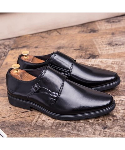 Double Monk Strapss Loafer For Men Round Toe Burnish Microfiber Leather Block Heel Rubber Sole Business Slip-ons Black $48.93...