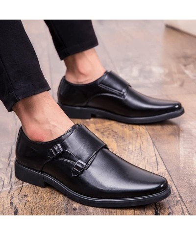 Double Monk Strapss Loafer For Men Round Toe Burnish Microfiber Leather Block Heel Rubber Sole Business Slip-ons Black $48.93...