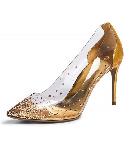 Women Stiletto Heels Pointed Toe with Rhinestone Studs Clear Pumps Bridal Party Evening Dress Shoes Size 4-16 US Gold $27.19 ...