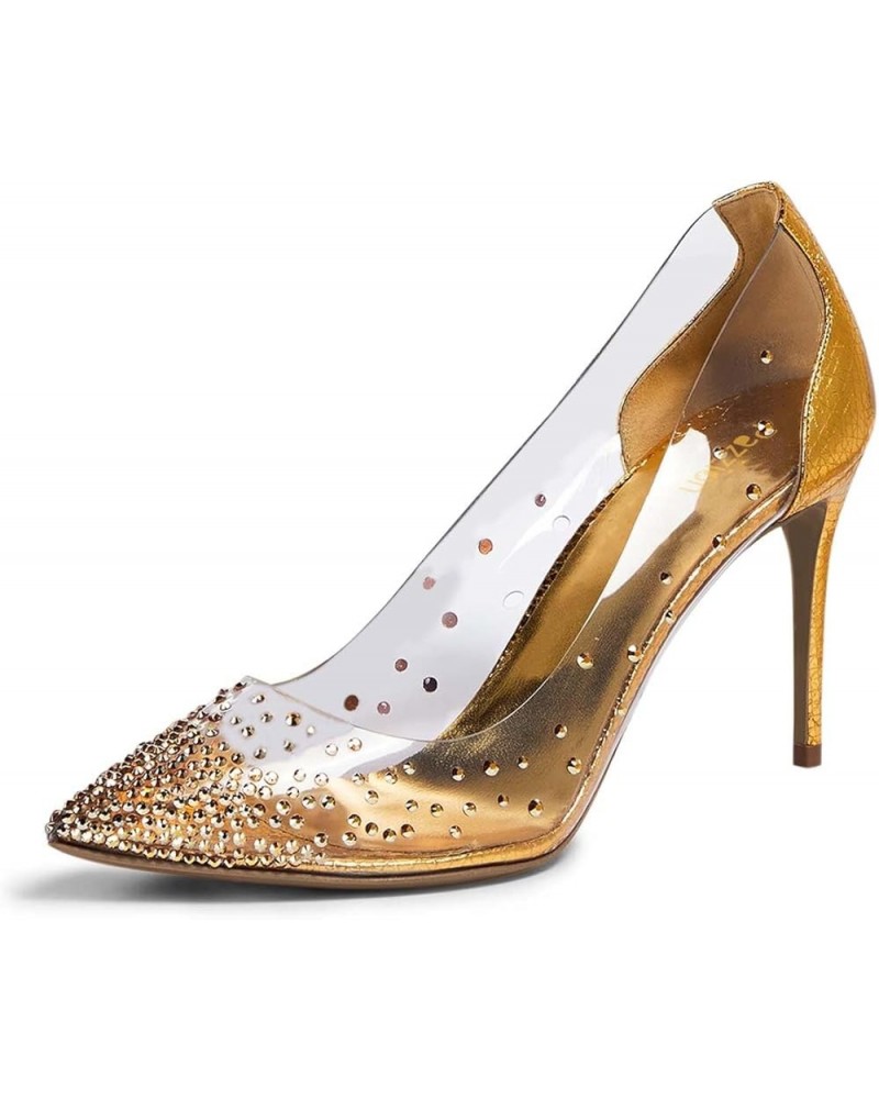 Women Stiletto Heels Pointed Toe with Rhinestone Studs Clear Pumps Bridal Party Evening Dress Shoes Size 4-16 US Gold $27.19 ...