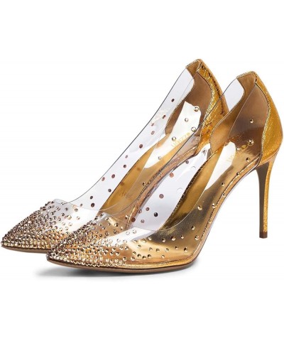 Women Stiletto Heels Pointed Toe with Rhinestone Studs Clear Pumps Bridal Party Evening Dress Shoes Size 4-16 US Gold $27.19 ...