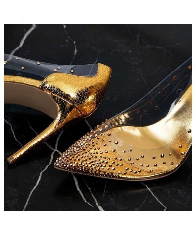 Women Stiletto Heels Pointed Toe with Rhinestone Studs Clear Pumps Bridal Party Evening Dress Shoes Size 4-16 US Gold $27.19 ...