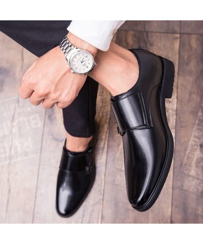 Double Monk Strapss Loafer For Men Round Toe Burnish Microfiber Leather Block Heel Rubber Sole Business Slip-ons Black $48.93...