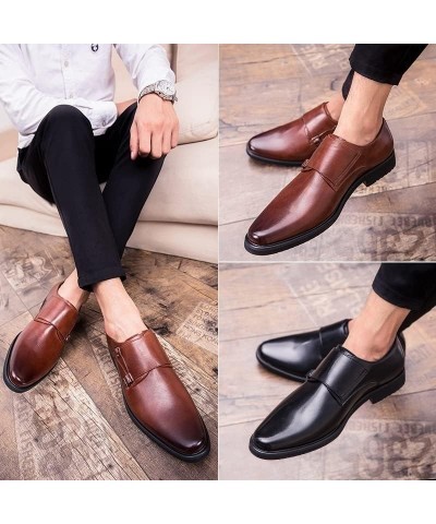 Double Monk Strapss Loafer For Men Round Toe Burnish Microfiber Leather Block Heel Rubber Sole Business Slip-ons Black $48.93...