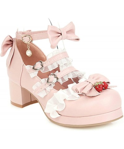 Sweet Round Toe Mary Janes for Girls Bowknot Ankle Strap Buckle Platform Lolita Shoes Ruffles Chunk Heel Shoe Pink $21.60 Flats