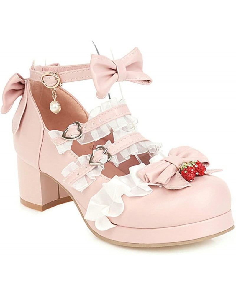 Sweet Round Toe Mary Janes for Girls Bowknot Ankle Strap Buckle Platform Lolita Shoes Ruffles Chunk Heel Shoe Pink $21.60 Flats