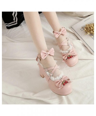 Sweet Round Toe Mary Janes for Girls Bowknot Ankle Strap Buckle Platform Lolita Shoes Ruffles Chunk Heel Shoe Pink $21.60 Flats