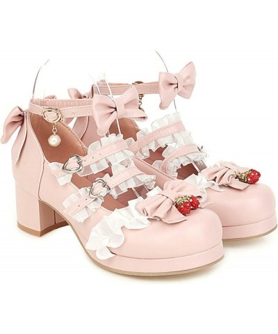 Sweet Round Toe Mary Janes for Girls Bowknot Ankle Strap Buckle Platform Lolita Shoes Ruffles Chunk Heel Shoe Pink $21.60 Flats