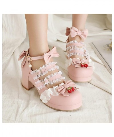 Sweet Round Toe Mary Janes for Girls Bowknot Ankle Strap Buckle Platform Lolita Shoes Ruffles Chunk Heel Shoe Pink $21.60 Flats