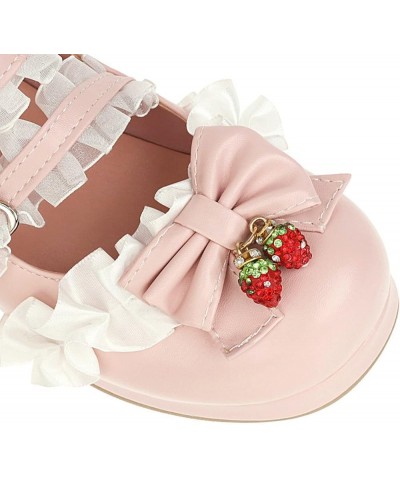 Sweet Round Toe Mary Janes for Girls Bowknot Ankle Strap Buckle Platform Lolita Shoes Ruffles Chunk Heel Shoe Pink $21.60 Flats