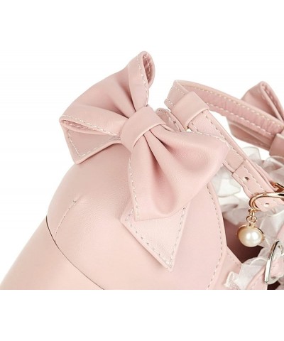 Sweet Round Toe Mary Janes for Girls Bowknot Ankle Strap Buckle Platform Lolita Shoes Ruffles Chunk Heel Shoe Pink $21.60 Flats