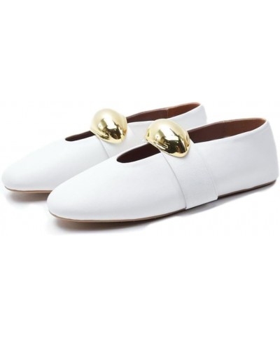 Women's Ballet Flat Shoes Dress Shoes Round Toe Slip On Ballerina Walking Flats Shoes Metal Buckle Elastic Ballet Flats White...