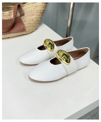 Women's Ballet Flat Shoes Dress Shoes Round Toe Slip On Ballerina Walking Flats Shoes Metal Buckle Elastic Ballet Flats White...