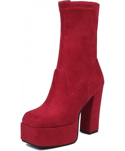 Ladies Fashion Square Toe Platform Block Heels Stretch Boots Red/18cm $31.95 Boots