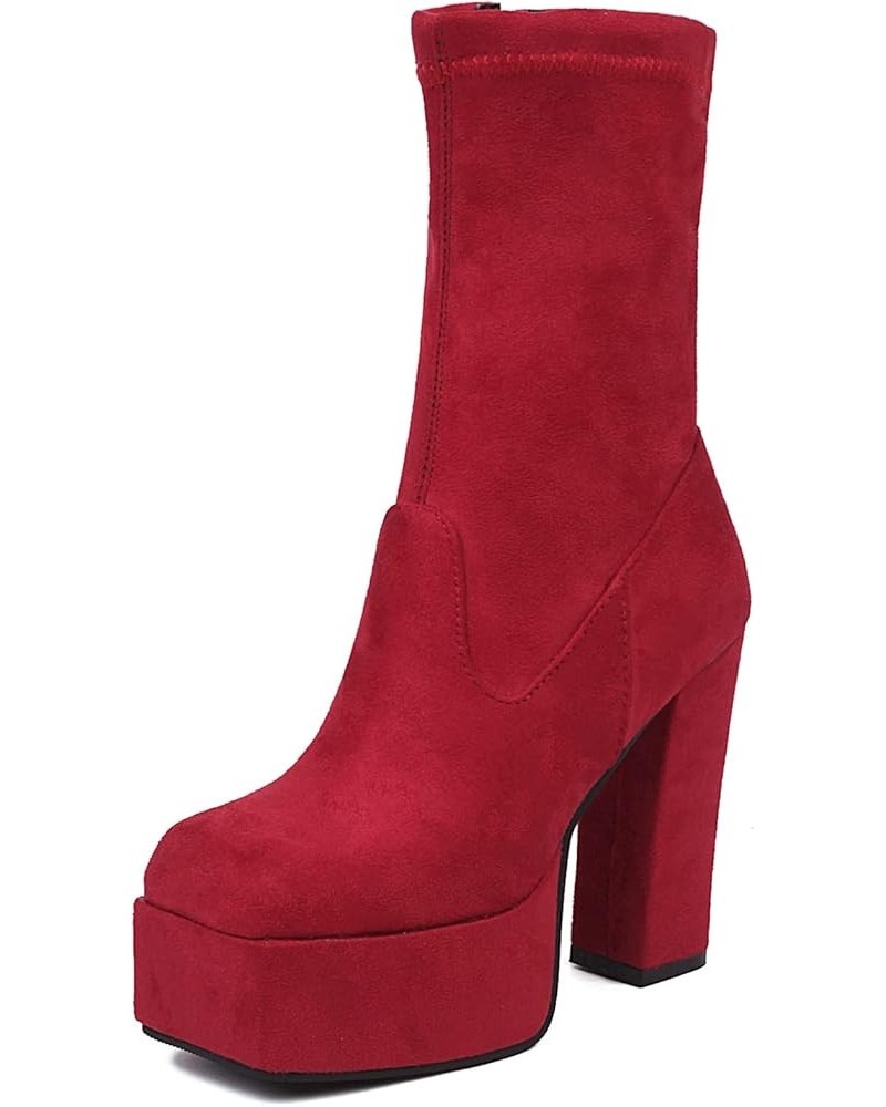 Ladies Fashion Square Toe Platform Block Heels Stretch Boots Red/18cm $31.95 Boots