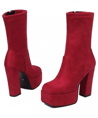 Ladies Fashion Square Toe Platform Block Heels Stretch Boots Red/18cm $31.95 Boots