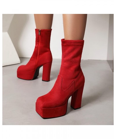 Ladies Fashion Square Toe Platform Block Heels Stretch Boots Red/18cm $31.95 Boots