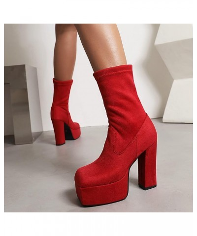 Ladies Fashion Square Toe Platform Block Heels Stretch Boots Red/18cm $31.95 Boots