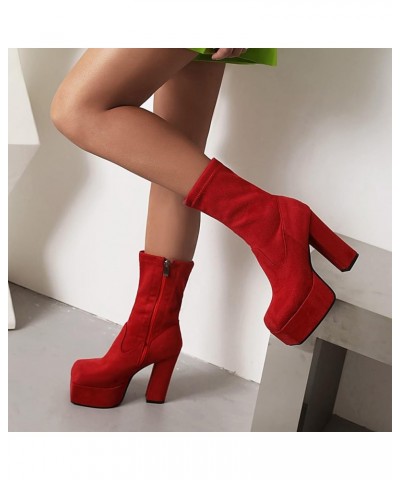 Ladies Fashion Square Toe Platform Block Heels Stretch Boots Red/18cm $31.95 Boots