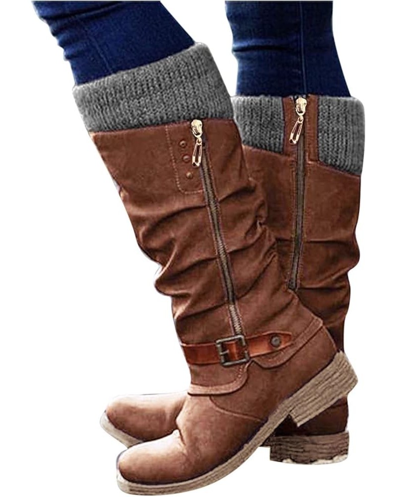 Womens Mid Calf Snow Boots Winter Warm Round Toe Low Heel Knight Booties Fashion Side Zipper Non-Slip Western Cowboy Boots fo...