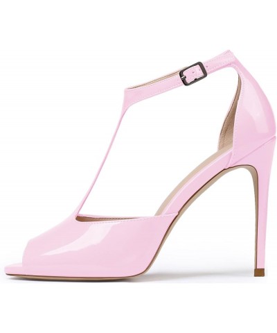 Womens High Heel Sandals| Peep Toe T-Strap 10cm Pumps | Ankle Buckle Wedding Dress Shoes Pink $32.39 Pumps