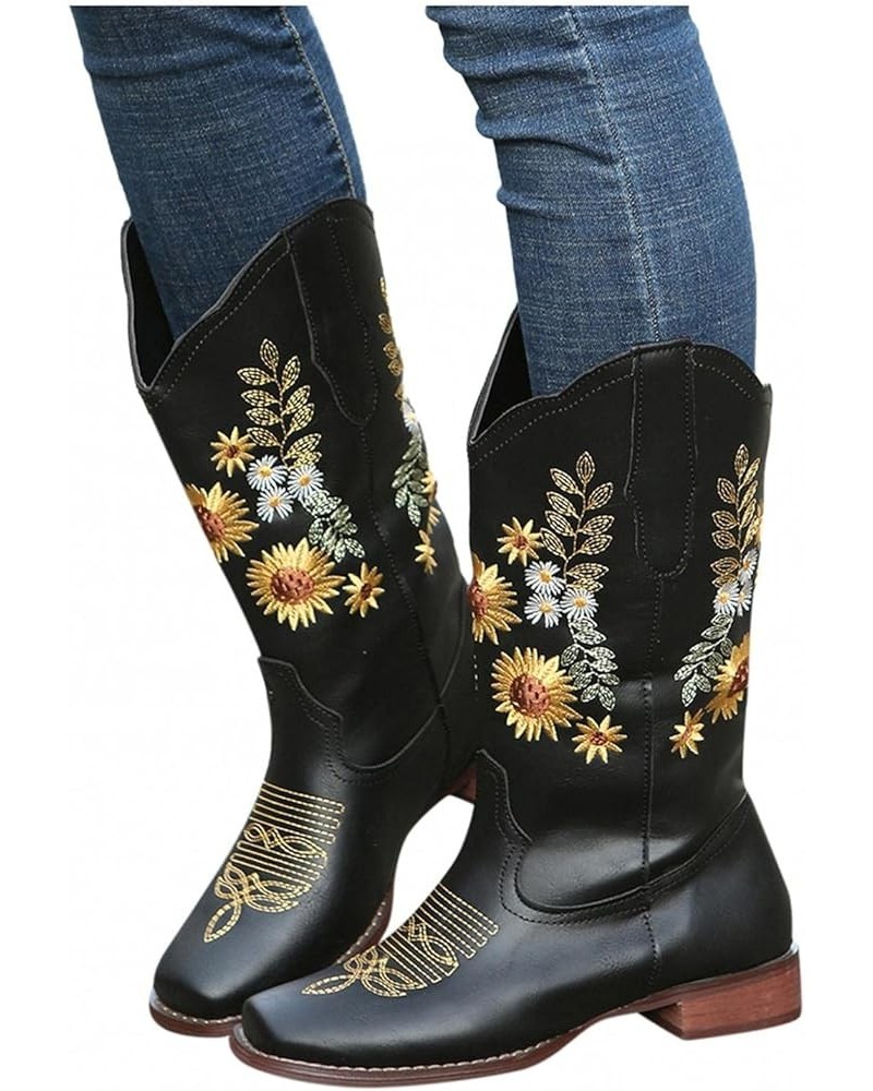 Women's Western Cowboy Cowgirls Boots With Sunflower Embroidered Vintage Boho Leather Square Toe Chunky Block Low Heels Wide ...