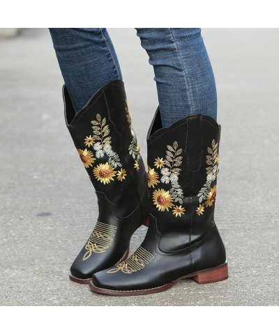 Women's Western Cowboy Cowgirls Boots With Sunflower Embroidered Vintage Boho Leather Square Toe Chunky Block Low Heels Wide ...