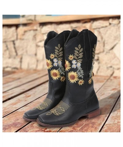 Women's Western Cowboy Cowgirls Boots With Sunflower Embroidered Vintage Boho Leather Square Toe Chunky Block Low Heels Wide ...