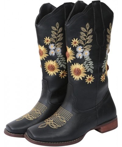 Women's Western Cowboy Cowgirls Boots With Sunflower Embroidered Vintage Boho Leather Square Toe Chunky Block Low Heels Wide ...