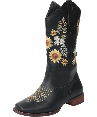 Women's Western Cowboy Cowgirls Boots With Sunflower Embroidered Vintage Boho Leather Square Toe Chunky Block Low Heels Wide ...