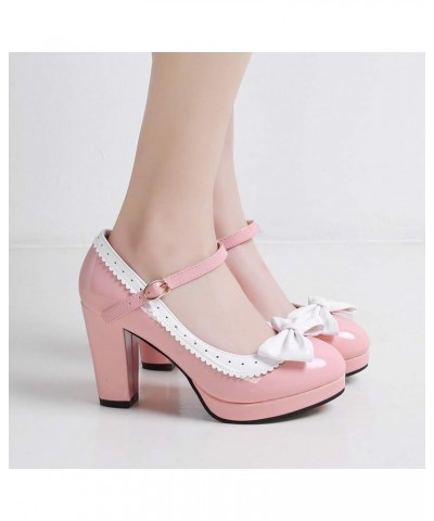 Womens Sweet Vintage Rockabilly Shoes Chunky Platform Mary Janes with Bows Pink $23.91 Pumps