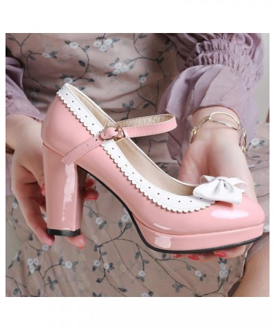 Womens Sweet Vintage Rockabilly Shoes Chunky Platform Mary Janes with Bows Pink $23.91 Pumps