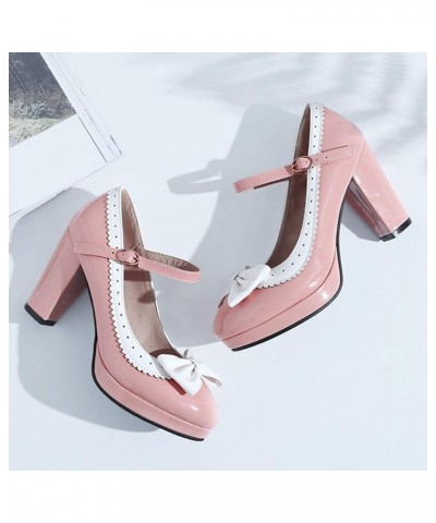 Womens Sweet Vintage Rockabilly Shoes Chunky Platform Mary Janes with Bows Pink $23.91 Pumps