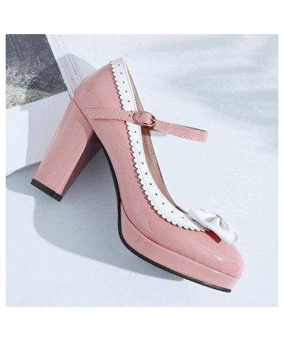 Womens Sweet Vintage Rockabilly Shoes Chunky Platform Mary Janes with Bows Pink $23.91 Pumps