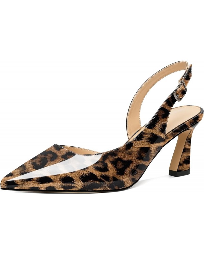 Women Slingback Low Kitten Heel Pumps 2.5 Inch Pointed Toe Spool Heel Sandals Backstrap Leather Shoes Patent Leopard $26.09 P...