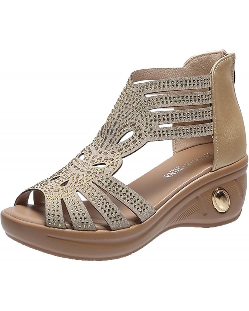 sparkly sandals for women Womens Sandals Rhinestone Hollow Peep Toe Small Wedge Zipper Roman Shoes Z 04-beige $13.07 Sandals