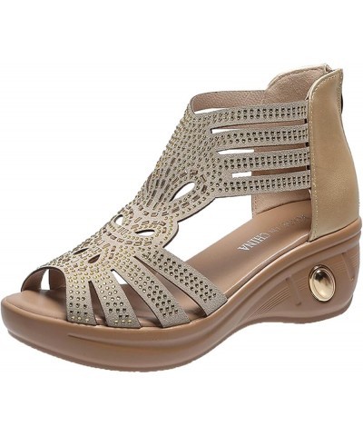 sparkly sandals for women Womens Sandals Rhinestone Hollow Peep Toe Small Wedge Zipper Roman Shoes Z 04-beige $13.07 Sandals