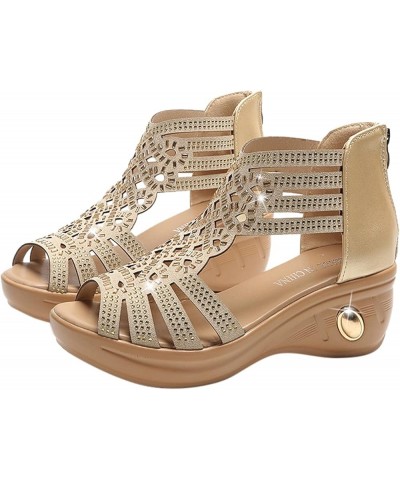 sparkly sandals for women Womens Sandals Rhinestone Hollow Peep Toe Small Wedge Zipper Roman Shoes Z 04-beige $13.07 Sandals