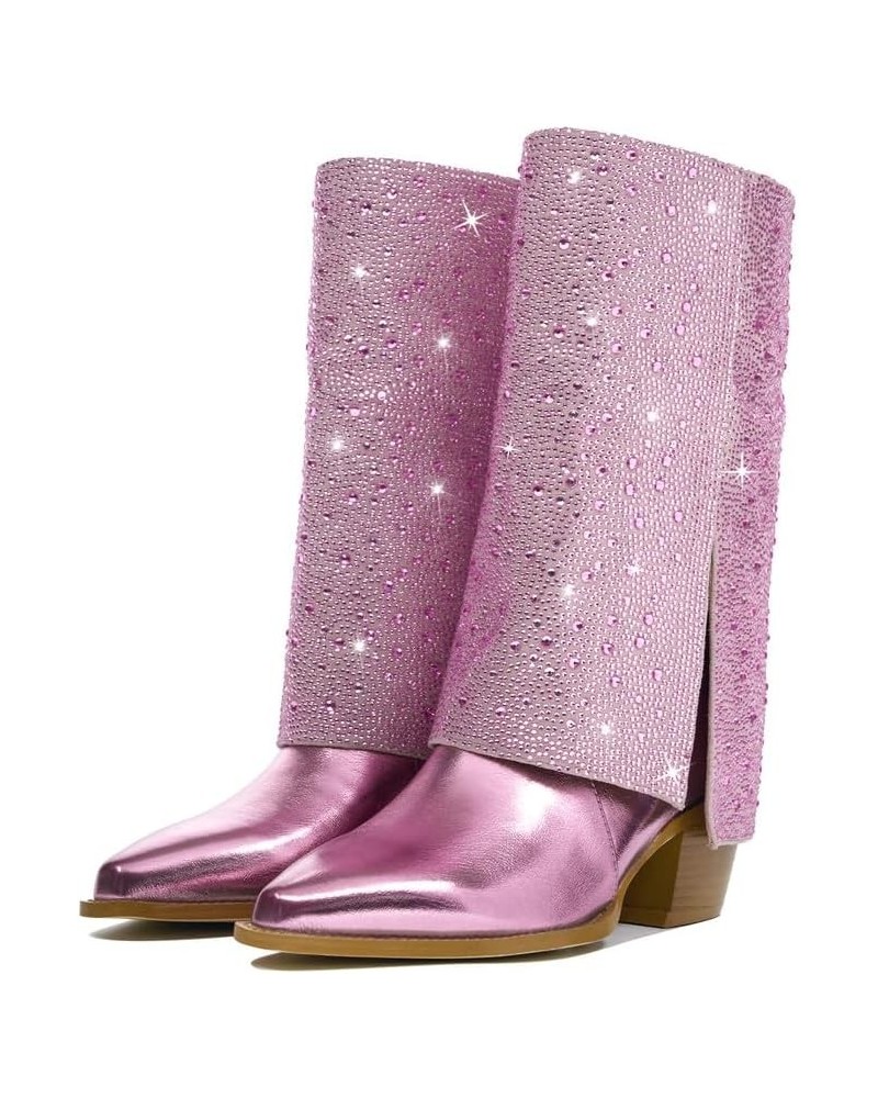 Rhinestone Mid-Calf Boots Foldable Pointed Toes Chunky Heel Metallic Cowboys For Women Fashion Party Wedding Boots Pink $38.4...